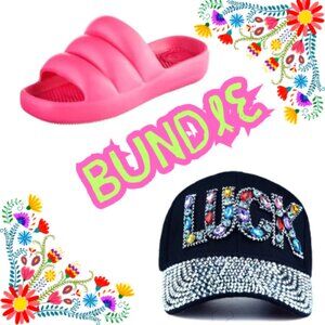 The LUCK-y Bundle, Adjustable Diamond Letter LUCK Outdoor Hat and Puffy Slides